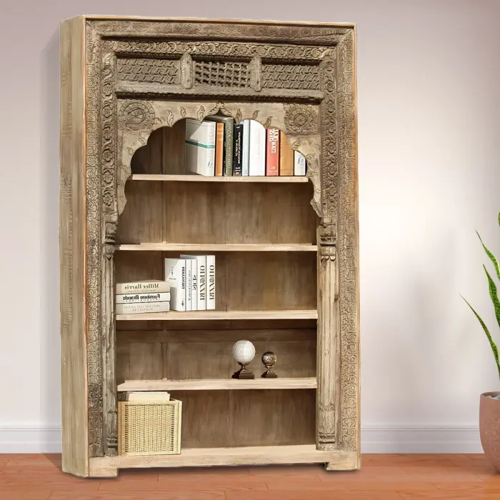 Linas Hand Carved Teak Wood Bookshelf & Racks for or Home & Office Storage ( Natural )