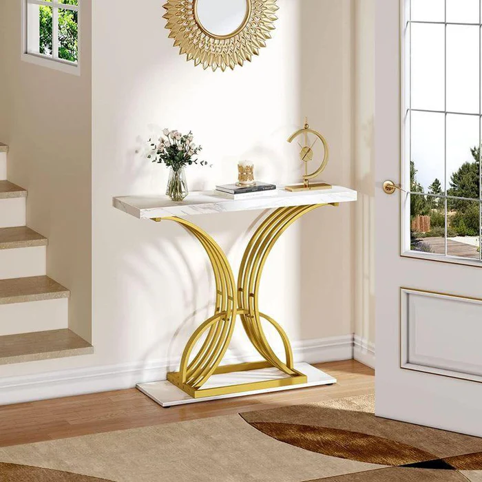 Luxurious Rectangle Console Table with White Wooden Top Modern Design (White & Golden) - Image 4