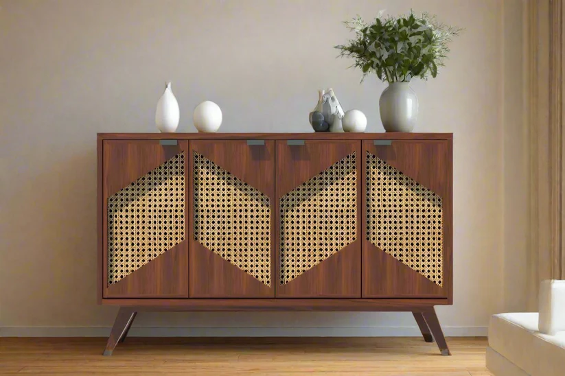 Canving Solid Wood Sheesham Wood 4 Door Sideboard Cabinet