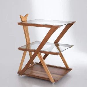 Multipurpose Zigzag Handmade Teak Wood & Glass 3-Tier Bar Serving Trolley with Wheels for Home Bar & Dining Room (Natural Finish)