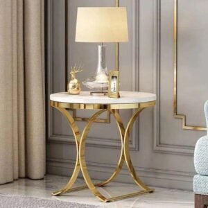 Radiance Round Side End Table with Marble Like Finish Top (Golden)