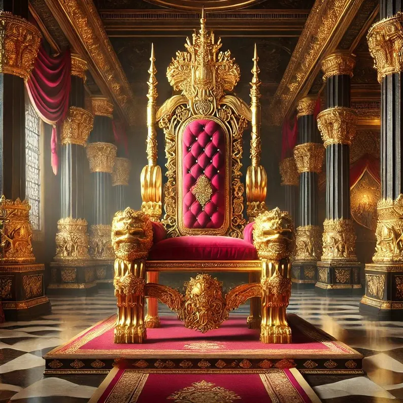 Luxurious Royal Golden Finish Luxury Hand-Carved Teak Wood High Back Throne Chair Elegant Vintage Seating for Weddings and Special Occasions (Pink)