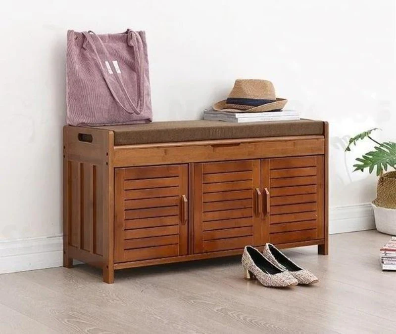 Bamboo Wood 3 Door Shoe Rack Cabinet with Seat