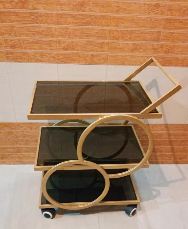 Stylish and Functional Beverage Cart Iron Bar Serving Trolley with Wheels (Gold and Black) - Image 3