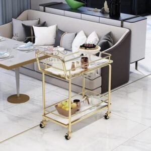 Unique Stylish and Functional Beverage Cart Iron Bar Serving Trolley with Wheels (Gold and White)