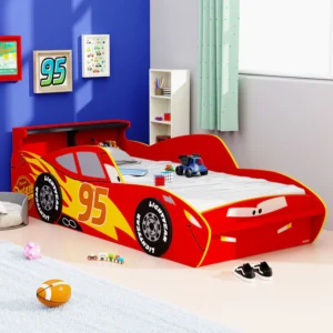 Car Design Plush Look Teak Wood Kids Bed for Girls and Boys ( Red )