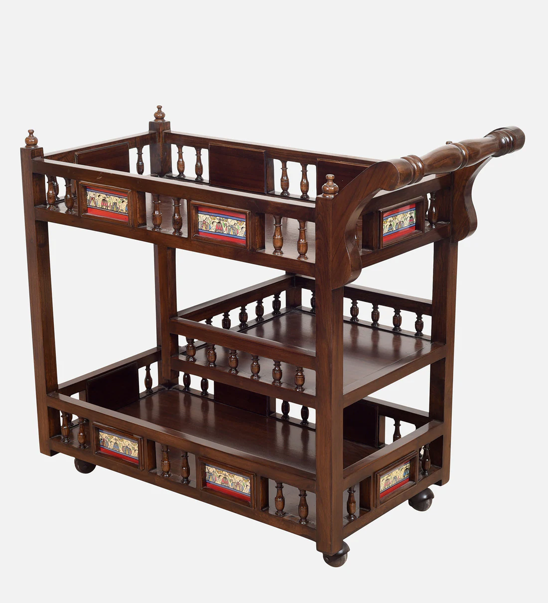 Mirra Handmade Teak Wood Storage Bar Serving Trolley with Wheels (Walnut Finish) - Image 3