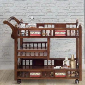 Mirra Handmade Teak Wood Storage Bar Serving Trolley with Wheels (Walnut Finish)