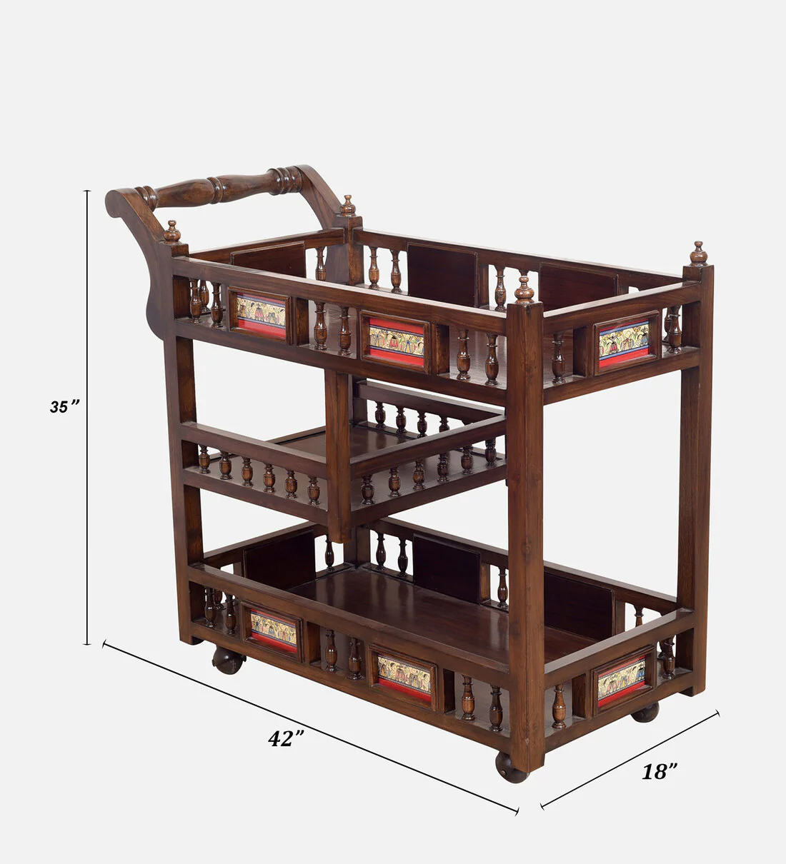 Mirra Handmade Teak Wood Storage Bar Serving Trolley with Wheels (Walnut Finish) - Image 4