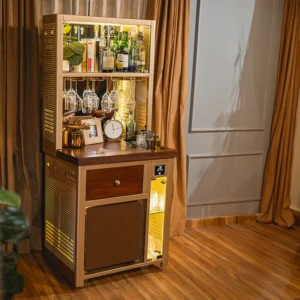 Storing Handmade Teak Wood Bar Cabinet Stylish Look for Wine, Liquor, Glasses ( Top Gold Lattice )