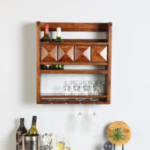 Norman Glass Elegant Wooden Wall Mounted Wine Rack, Wall Hanging Mini Bar for Home (Provincial Teak Finish)