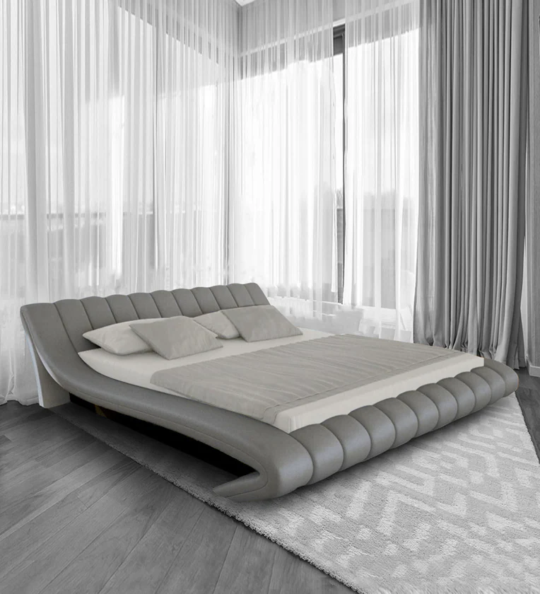 Oscar Leatherette Teak Wood Upholstery King Size Bed for Modern Bedroom ( Grey ) - Image 2