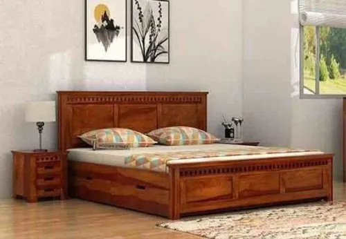 Wrapped Plain Design Handmade Teak Wood King Size Bed Luxurious Honey Finish Elegant Bedroom Decor With 2 Bedside Tables