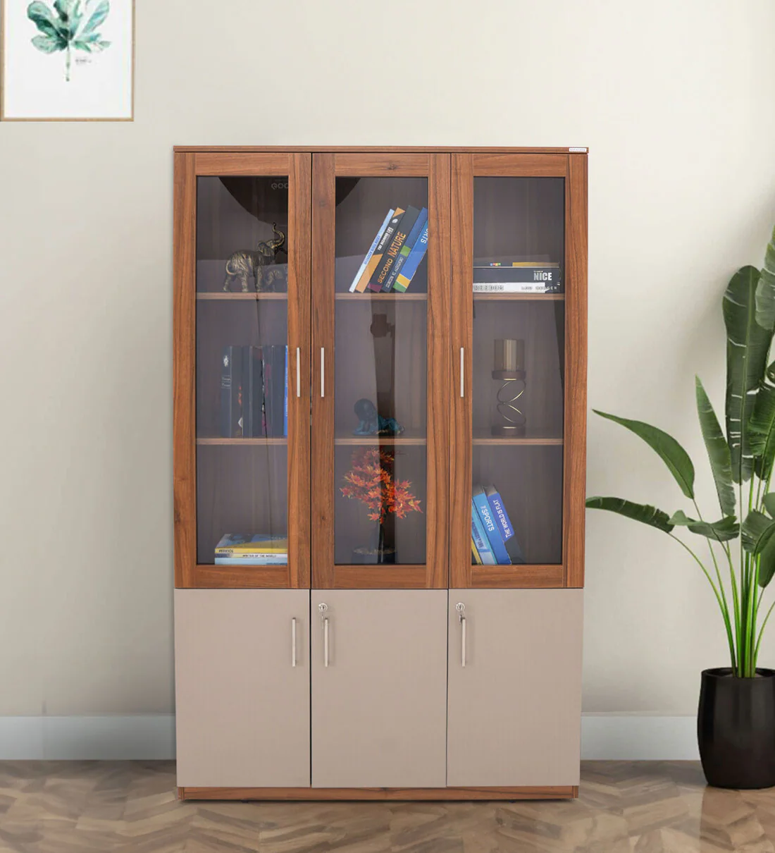 Genting Engineered Wood Handmade Bookshelf Rack for Library Home or Office Spiced Acacia with 3 Door