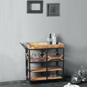 Salome Handmade Teak Wood & Metal 4-Tier Bar Serving Trolley with Wheels for Home Bar & Dining Room (Teak Finish )