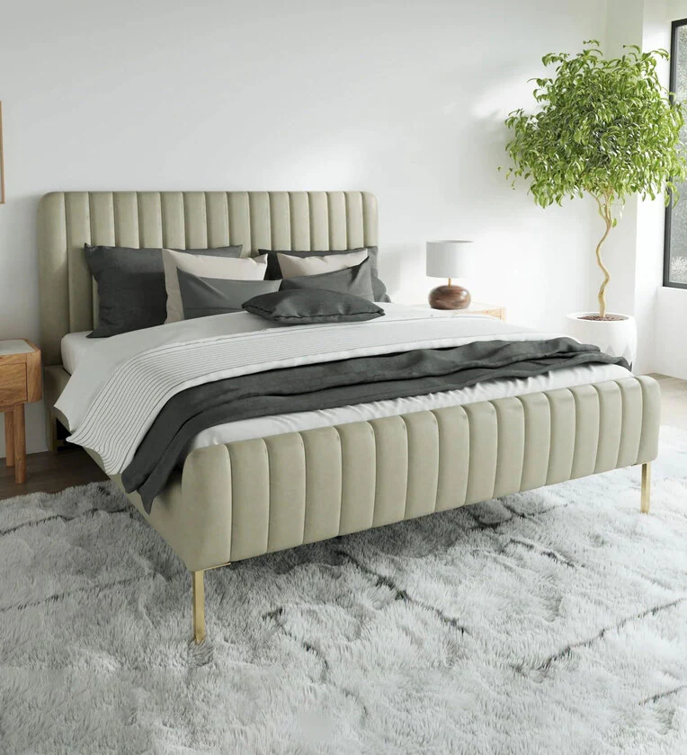 Seana Luxury Teak Wood Upholstery King Size Bed for Modern Bedroom (Metal Legs)