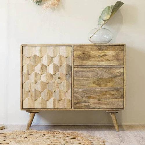 Pentagonal Hand-Carved Sideboard Cabinet with 1 Door & 3 Drawers Elegant Storage Solution for Home Decor