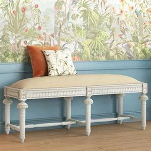 Hopsack Hand Carved Teak Wood Rectangular 3-Seater Bench ( White Antique Finish )