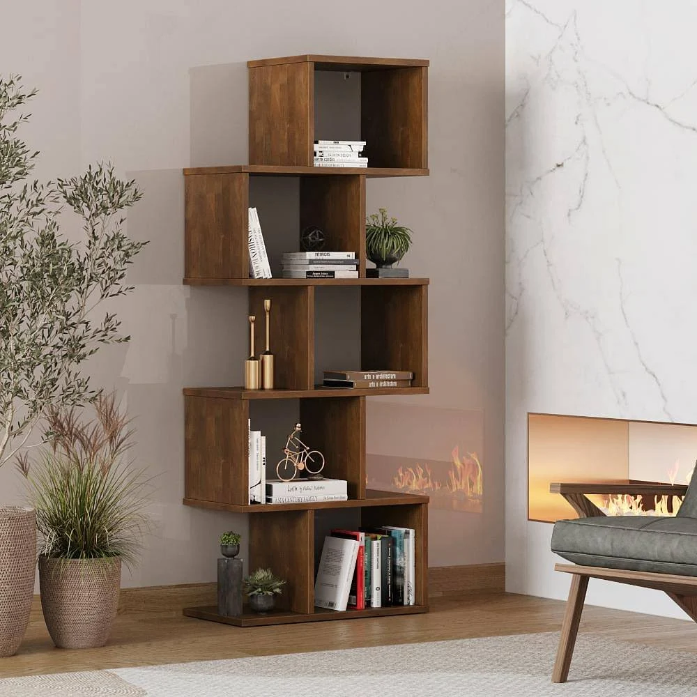 Sonsy Zig-Zag Teak Wood Book Shelf with 5 Spacious Shelves Provide Plenty of Room for Books, Photos, Plants, and Decorative Items