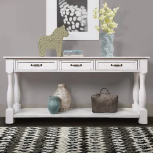 Antique Handmade Teak Wood Console Table Rack with 3 Drawers and 1 Bottom Shelf (Antique White)