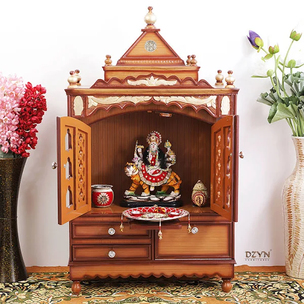 Water & Scratch Resistant Traditional Handmade Wooden Pooja Temple with Storage for Daily Prayers (Brown & Gold Leaf)