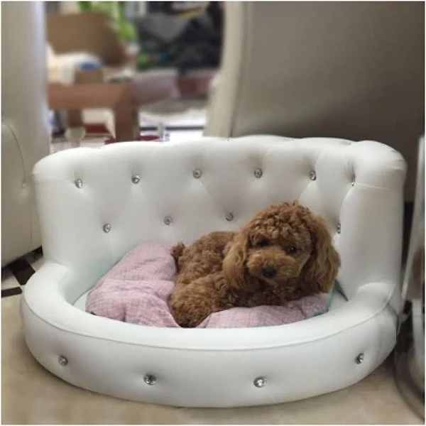 Princess Tactic Bichon Diamond Puppy Kennels Bed Washable Leatherette Summer Pet Sofa Luxury White