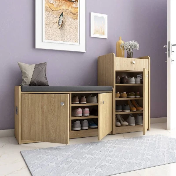 Chelsea PVC Shoe Cabinet with Cushion Seating and 20 Pairs Capacity (Light Teak Finish)