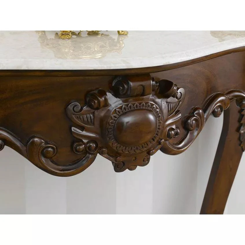 Italian Baroque Style Hand Carved Teak Wood Console Table with Composite Marble Top - Image 3