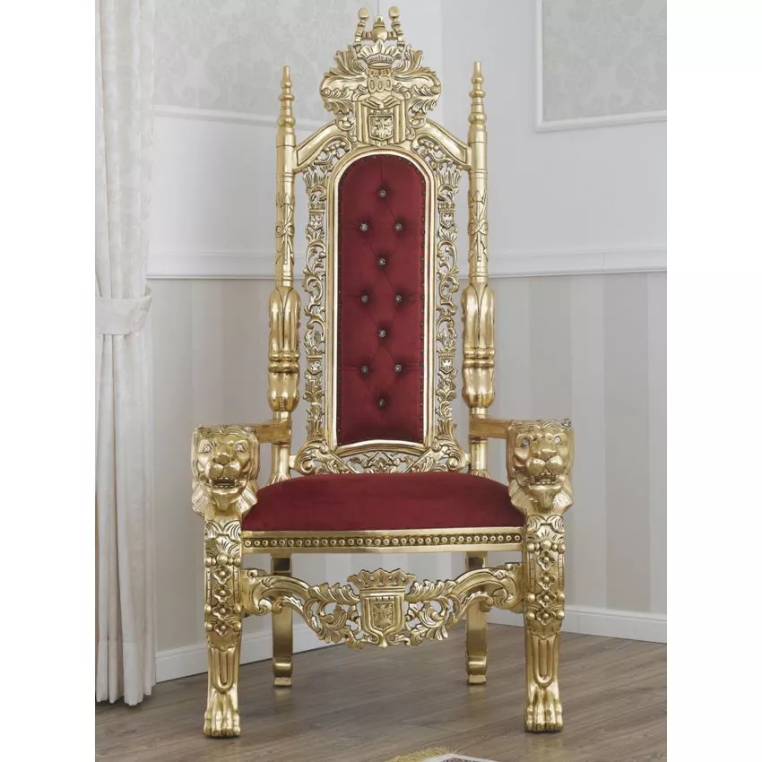 Lion King French Baroque Style Royal Hand Carved Teak Wood Throne Chair with Gold Leaf Button Tufted - Image 2