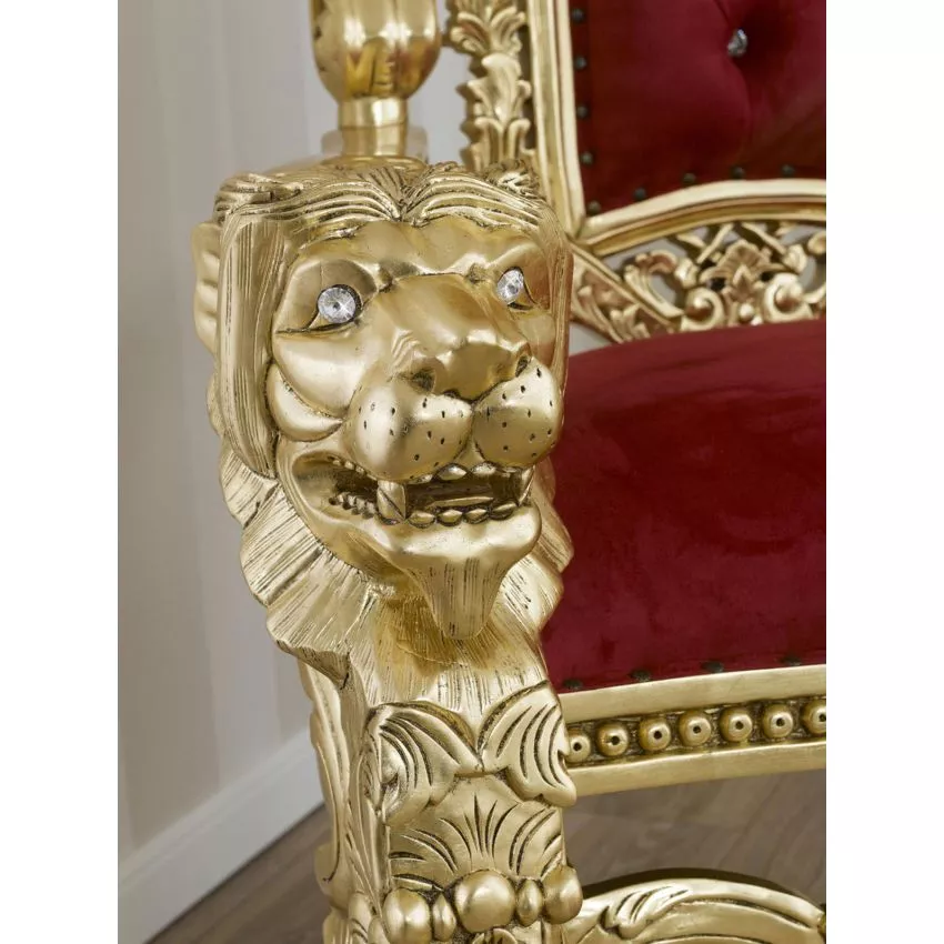 Lion King French Baroque Style Royal Hand Carved Teak Wood Throne Chair with Gold Leaf Button Tufted - Image 5