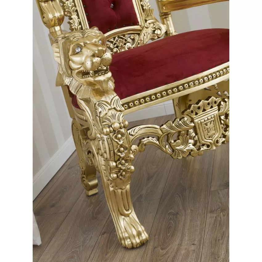 Lion King French Baroque Style Royal Hand Carved Teak Wood Throne Chair with Gold Leaf Button Tufted - Image 4