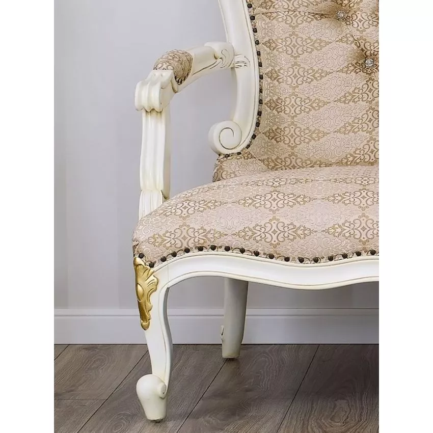 Filippo Decape Baroque Style Teak Wood Button Tufted 3-Seater Chaise Lounge Ivory and Gold Leaf Damask Fabric - Image 3