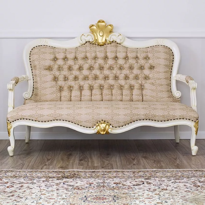 Filippo Decape Baroque Style Teak Wood Button Tufted 3-Seater Chaise Lounge Ivory and Gold Leaf Damask Fabric