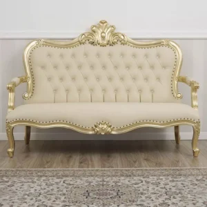 Filippo Decape Baroque Style Teak Wood Button Tufted 3-Seater Chaise Lounge Gold Leaf Leatherette ( Beige )