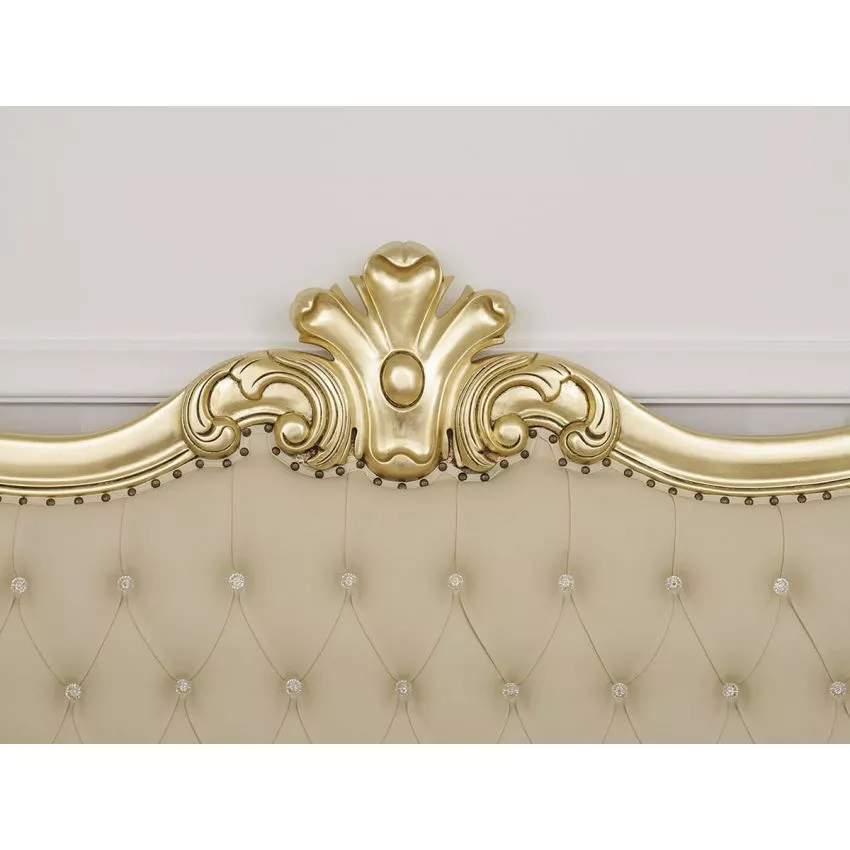 Filippo Decape Baroque Style Teak Wood Button Tufted 3-Seater Chaise Lounge Gold Leaf Leatherette ( Beige ) - Image 2