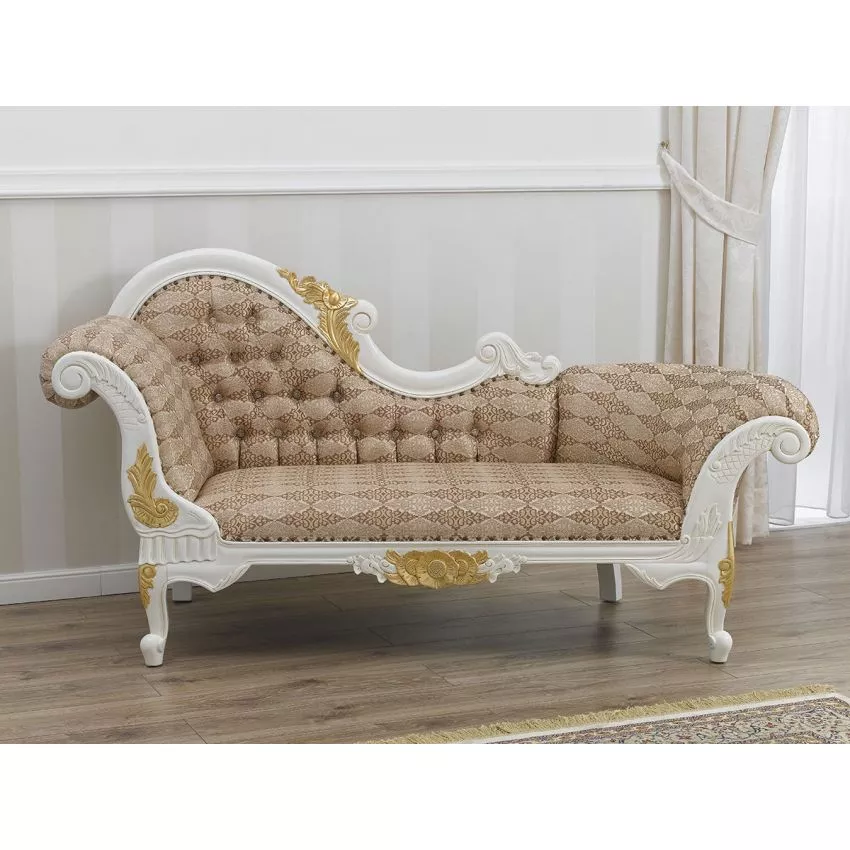 Baroque Style Hand Carved Button Tufted Teak Wood 3-Seater Chaise Longue Ivory and Gold Leaf