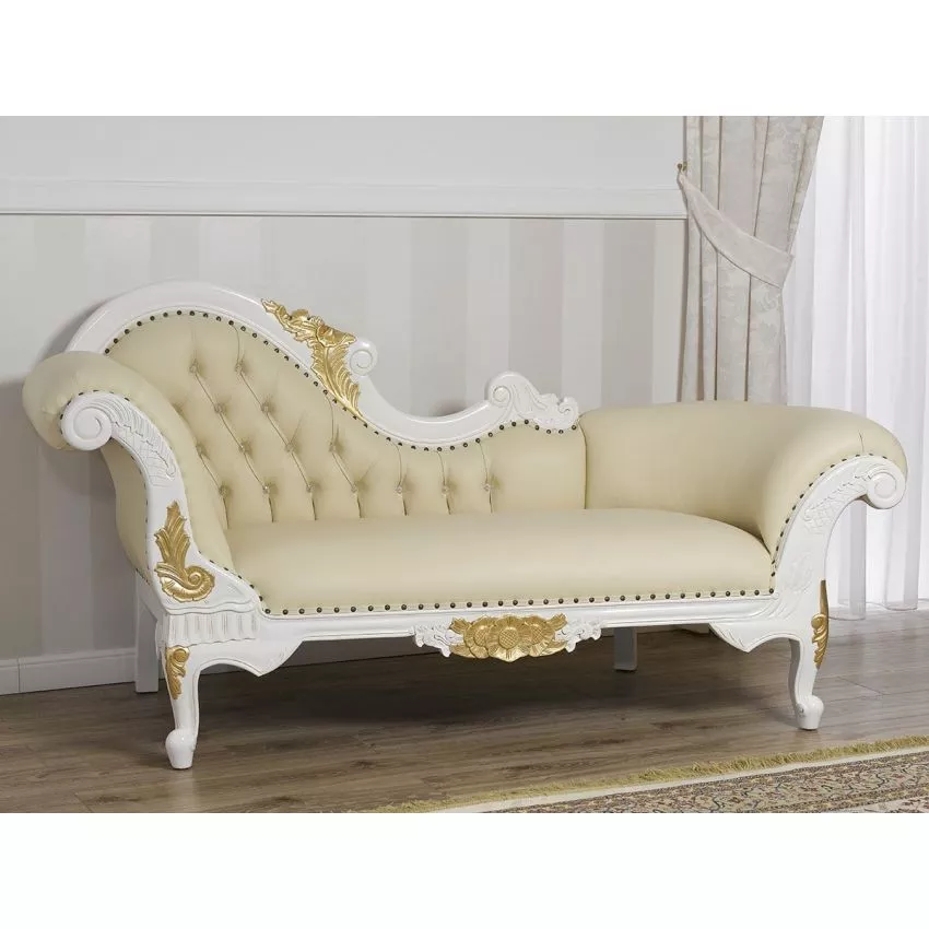 Baroque Style Hand Carved Button Tufted Teak Wood 3-Seater Chaise Longue Ivory Finish ( Golden Leaf )