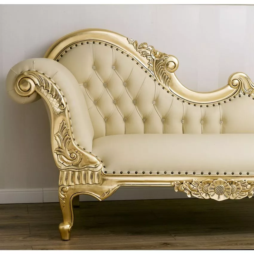 Baroque Style Hand Carved Button Tufted Teak Wood 3-Seater Chaise Longue ( Golden & Beige ) - Image 3