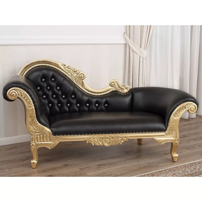 Baroque Style Hand Carved Button Tufted Teak Wood 3-Seater Chaise Longue ( Black & Golden )