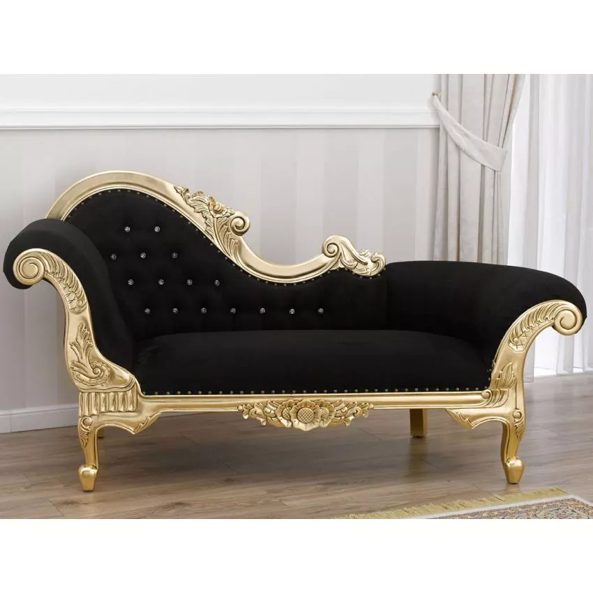 Baroque Style Hand Carved Button Tufted Teak Wood 3-Seater Chaise Longue Golden Leaf ( Black )