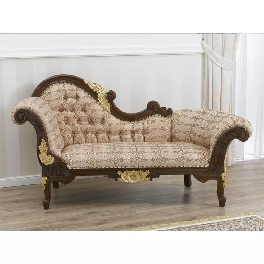 Baroque Style Hand Carved Button Tufted Teak Wood 3-Seater Chaise Longue Walnut and Gold Leaf