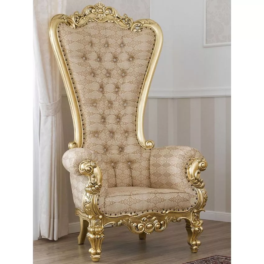 Luxurious Teak Wood High Back Throne Chair Golden Leaf with Damask Fabric