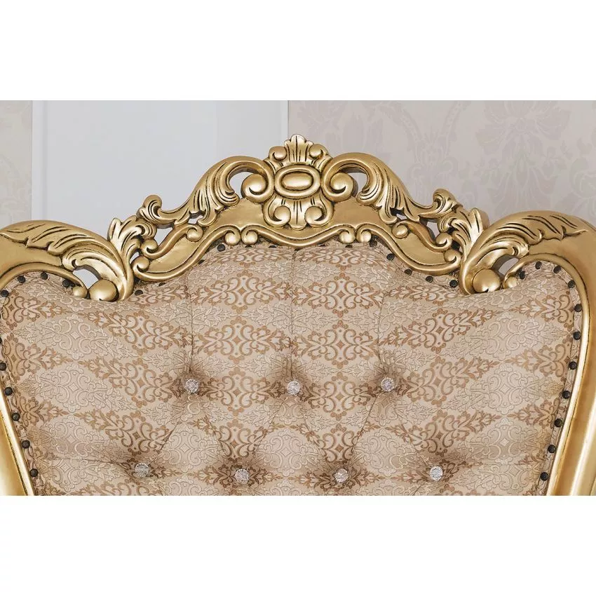 Luxurious Teak Wood High Back Throne Chair Golden Leaf with Damask Fabric - Image 4