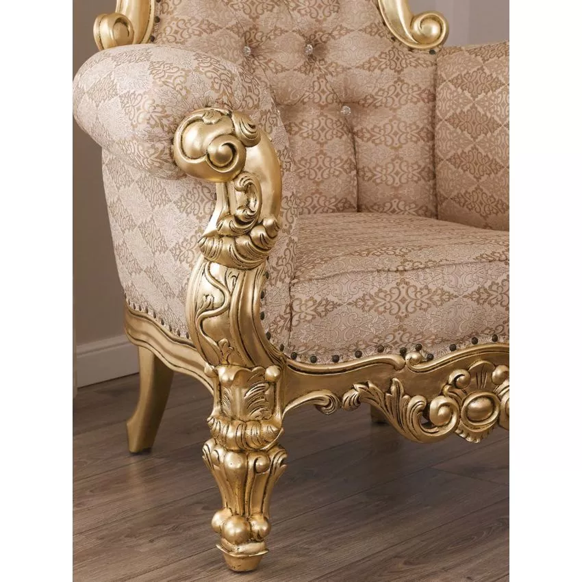 Luxurious Teak Wood High Back Throne Chair Golden Leaf with Damask Fabric - Image 3