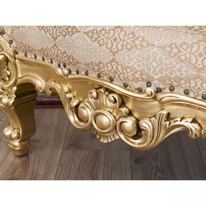 Luxurious Teak Wood High Back Throne Chair Golden Leaf with Damask Fabric - Image 2