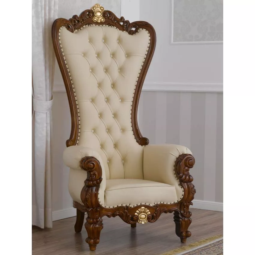Luxurious Teak Wood High Back Throne Chair Walnut Finish with Faux Leather