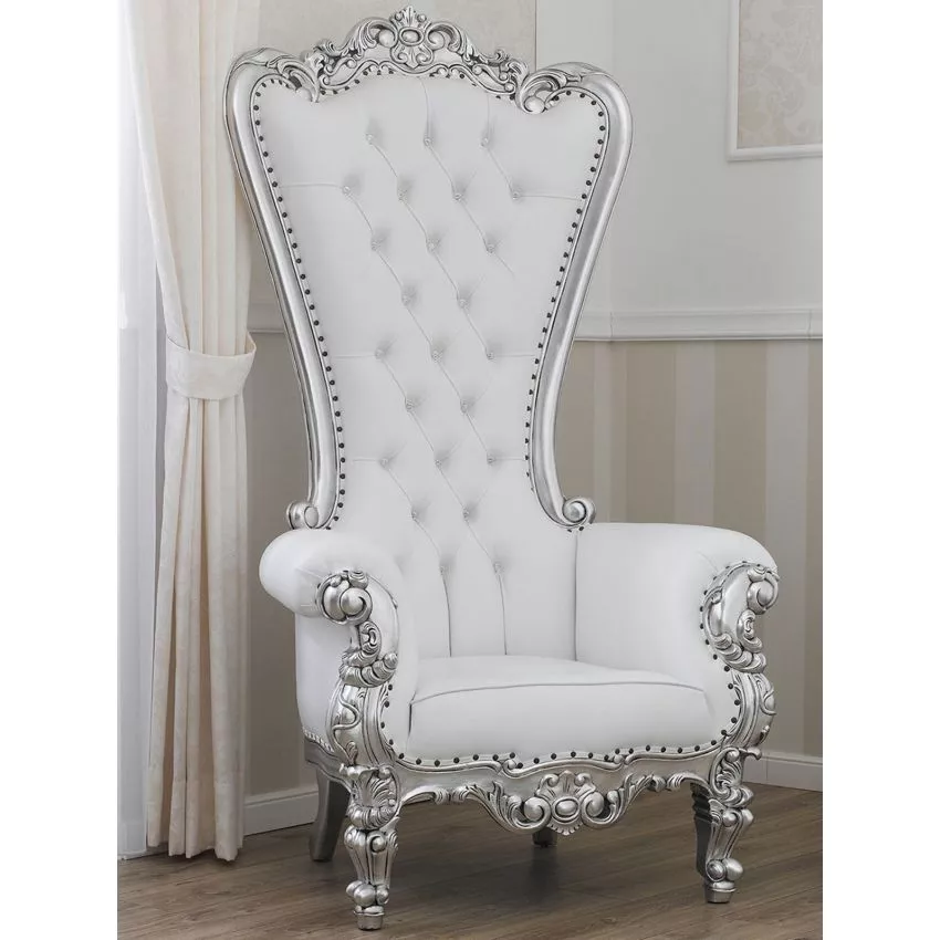 Luxurious Teak Wood High Back Throne Chair Silver Finish with Faux Leather