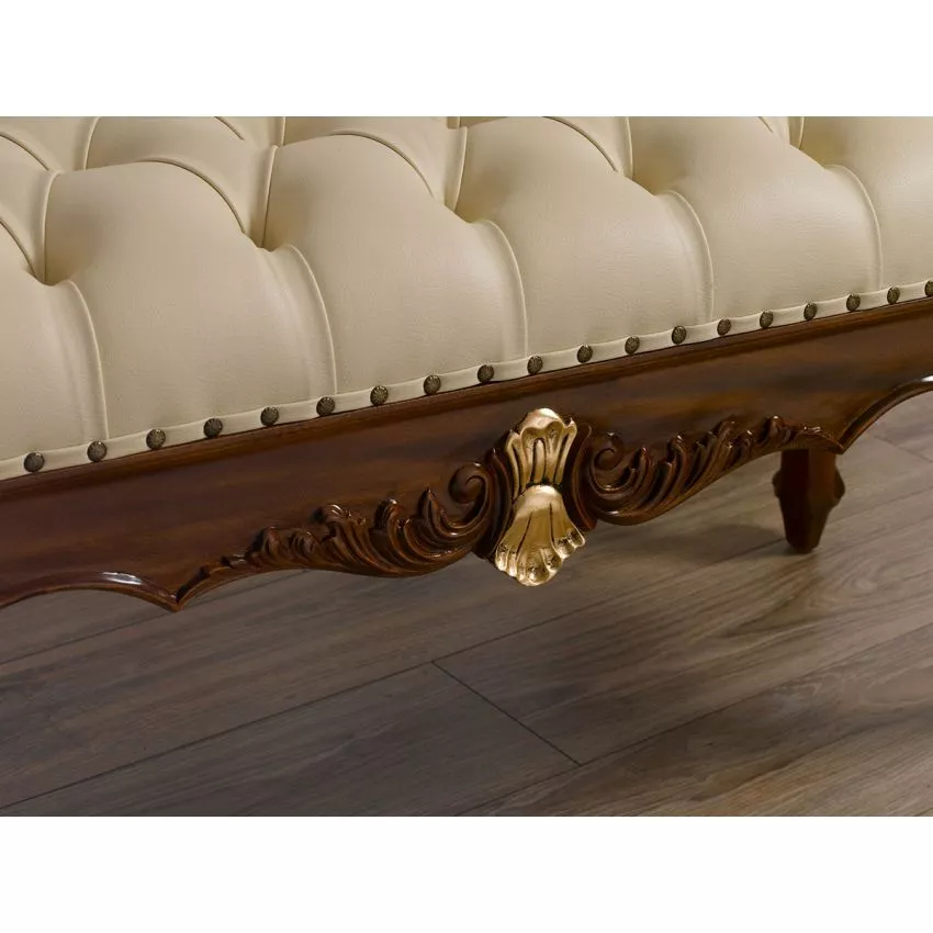 Fiona Baroque Style Walnut and Gold Leaf Champagne Leatherette Crystal Button Bench - Image 2