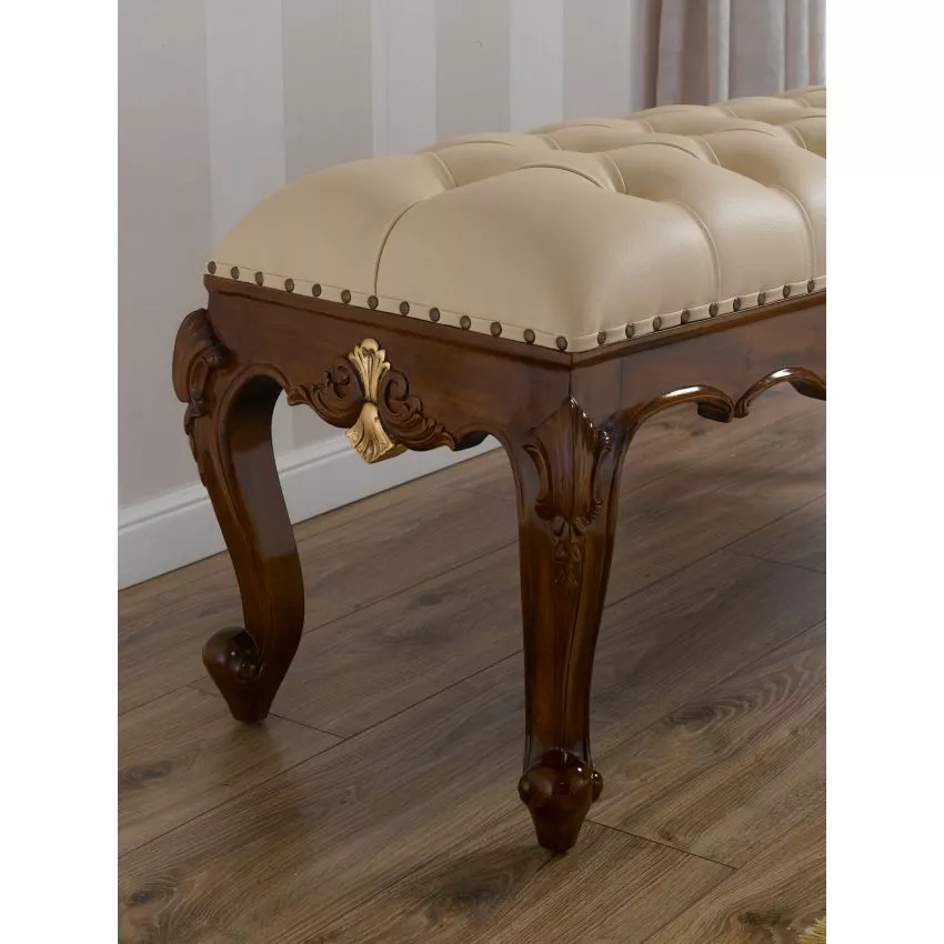 Fiona Baroque Style Walnut and Gold Leaf Champagne Leatherette Crystal Button Bench - Image 3