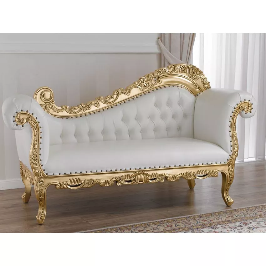 Alejandra Hand Carved Teak Wood Leatherette 3-Seater Chaise Longue Sofa Golden Leaf ( White )